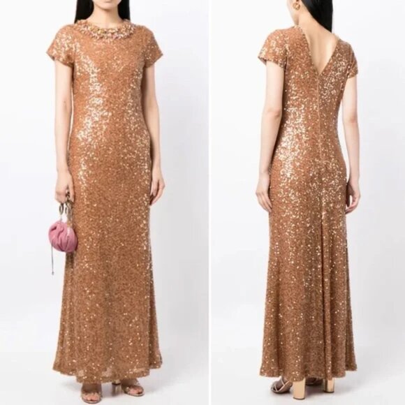 Sachin & Babi Shiloh Honey‎ Golden Brown Jeweled Sequin Column Gown Maxi Dress - Picture 4 of 5